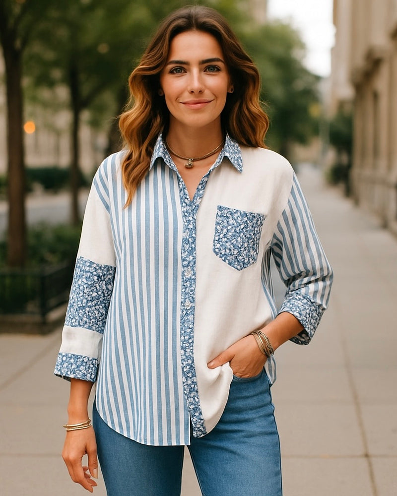 White & Blue Mix Block Leopard & Stripe Long Sleeve Button Down Collar Top