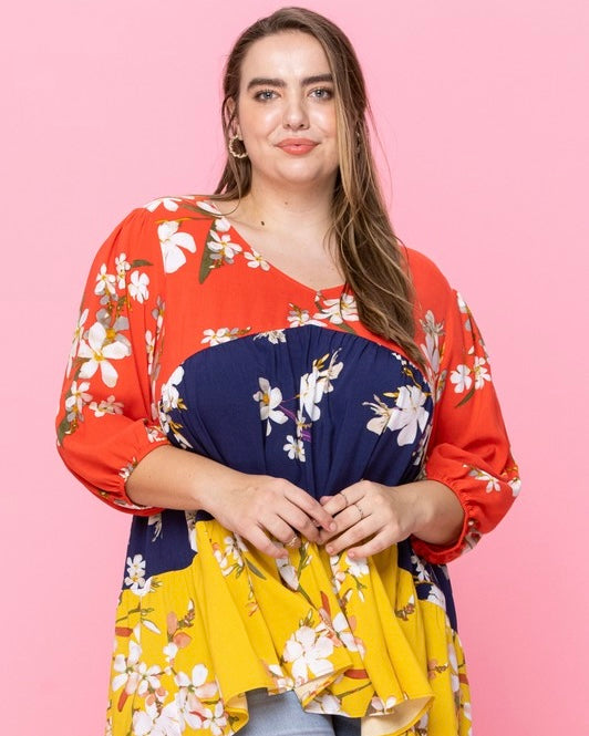 Plus Size Red, Blue & Yellow Color Block Floral Print 3/4 Sleeve VNeck Top