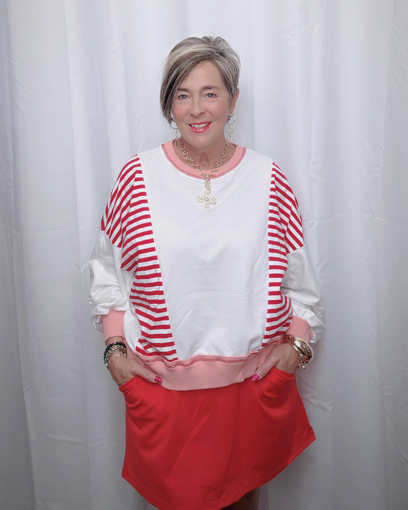 White with Red Stripe Long Sleeve Oversize Pullover Sweatshirt Top