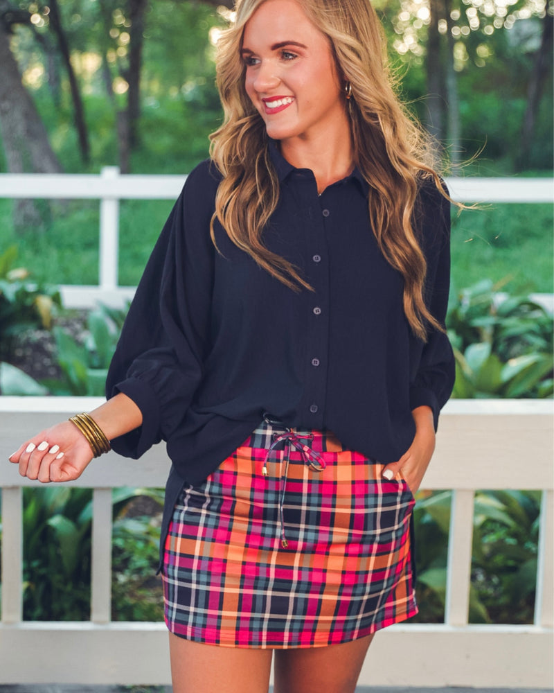 Blue, Pink & Orange Plaid Pocket Skort