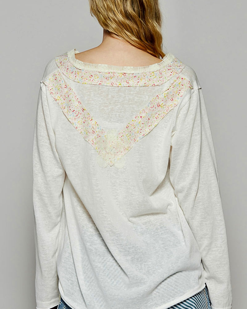 Ivory or Blue Relaxed Fit Lightweight Long Sleeve Lace Flower Patch Top