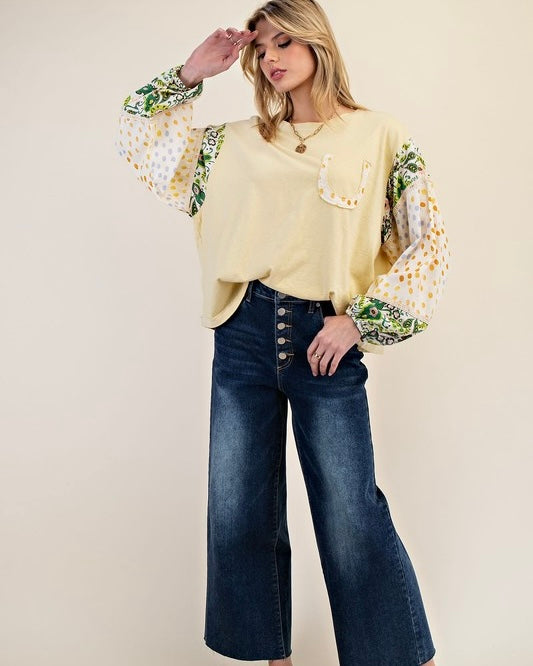 Cream, Peach or Yellow Cotton Outside Stitch Dot/Floral Jersey Top w/Mix Print Puff Long Sleeve