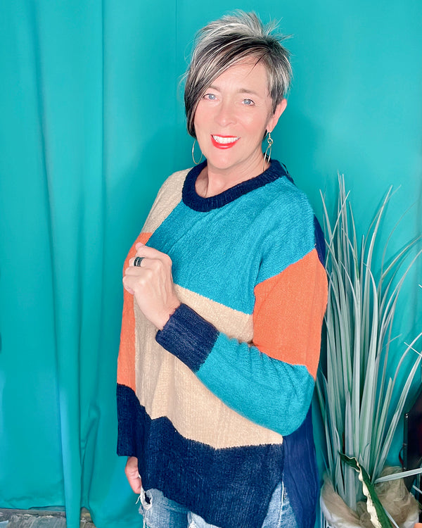 Color block Contrast in Blues, Orange & Tan VNeck Long Sleeve Sweater Top