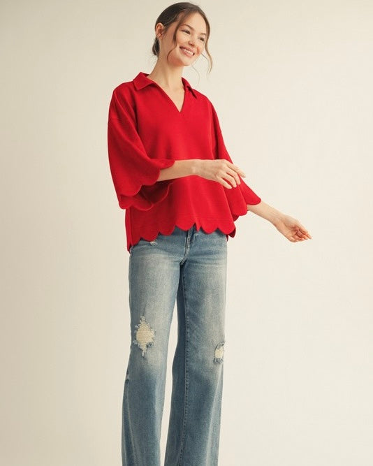 Solid Red Scallop Edge 3/4 Flare Sleeve Top