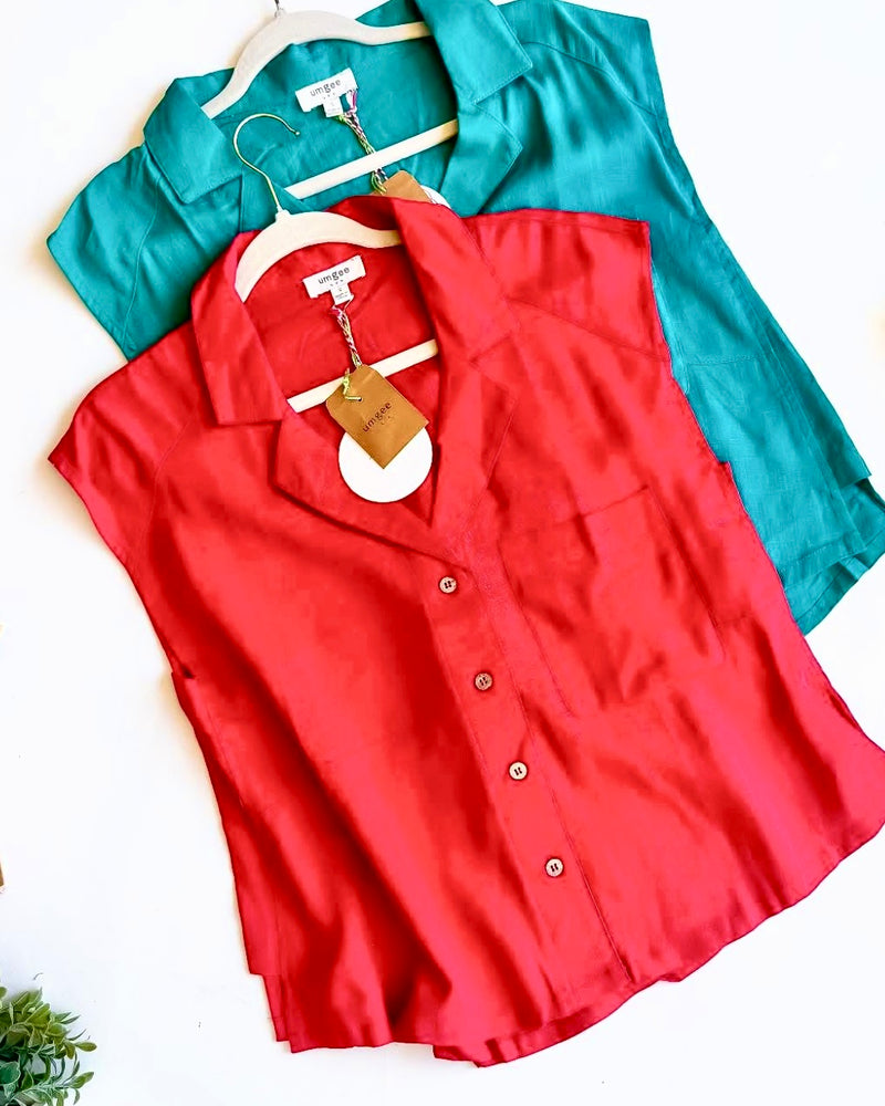 Teal Green or Brick Red Button Down Linen Blend Short Sleeve