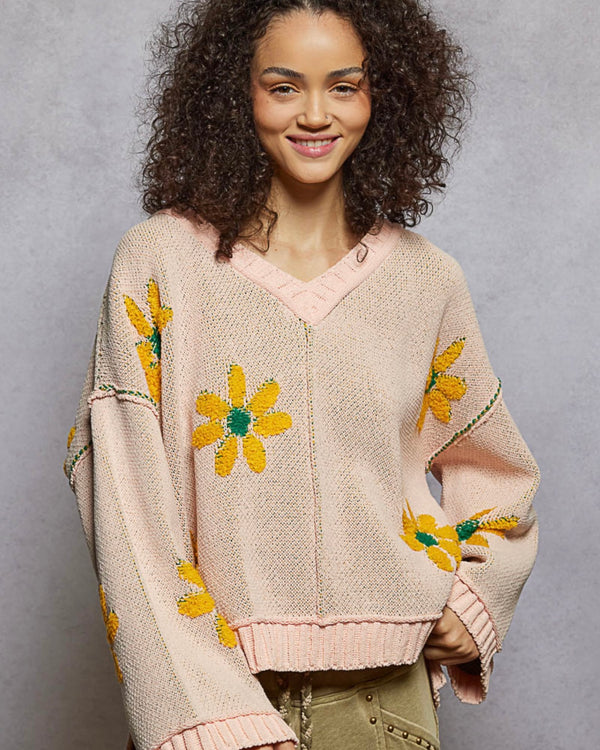 Light Pink Outside Stitch Drop Shoulder VNeck Long Sleeve Sweater Top