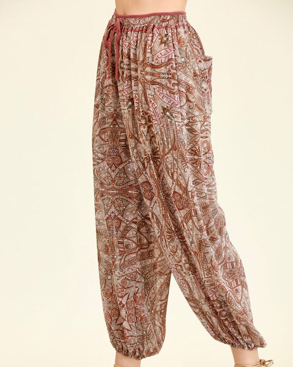 Bohemian Brown Multi Graphic Elastic Drawstring Waist Full Leg Pant