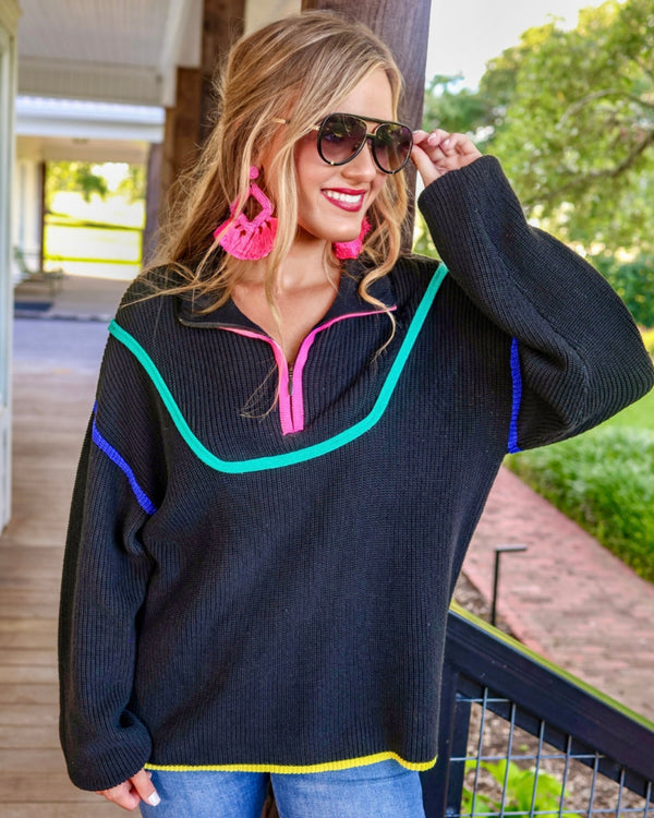 Black w/Multicolor Piping Zip Front Pullover Sweater Top