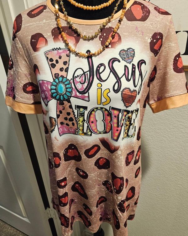 "Jesus is Love" Cross and Brown Mauve Leopard Short Sleeve T-Shirt