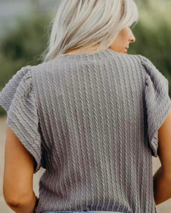 Gray Textured Ruffle Cap Short Sleeve Pullover Top
