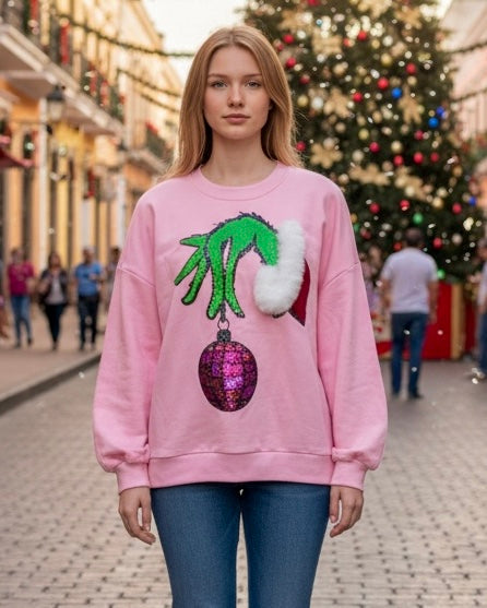 Solid Pink Grinch Hand Sequin Christmas Ball Faux Fur Sweatshirt Top