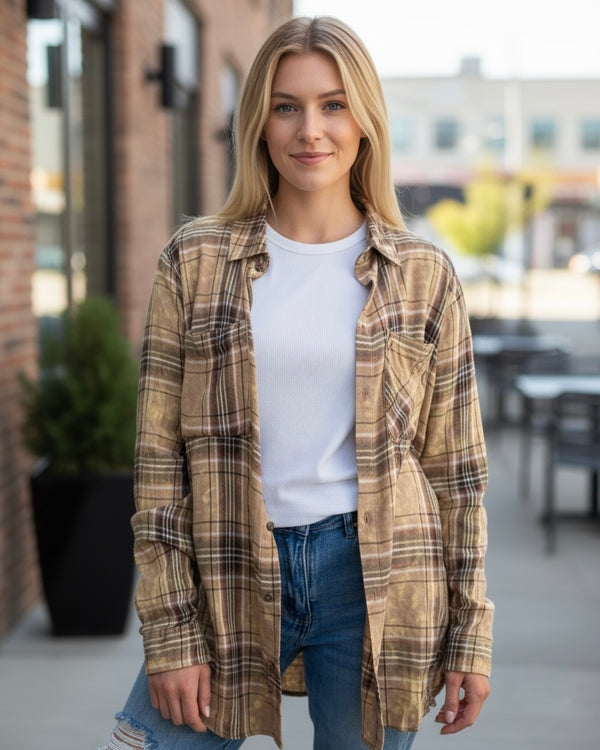 Navy Blue or Golden Tan Plaid Long Sleeve Button Down Top