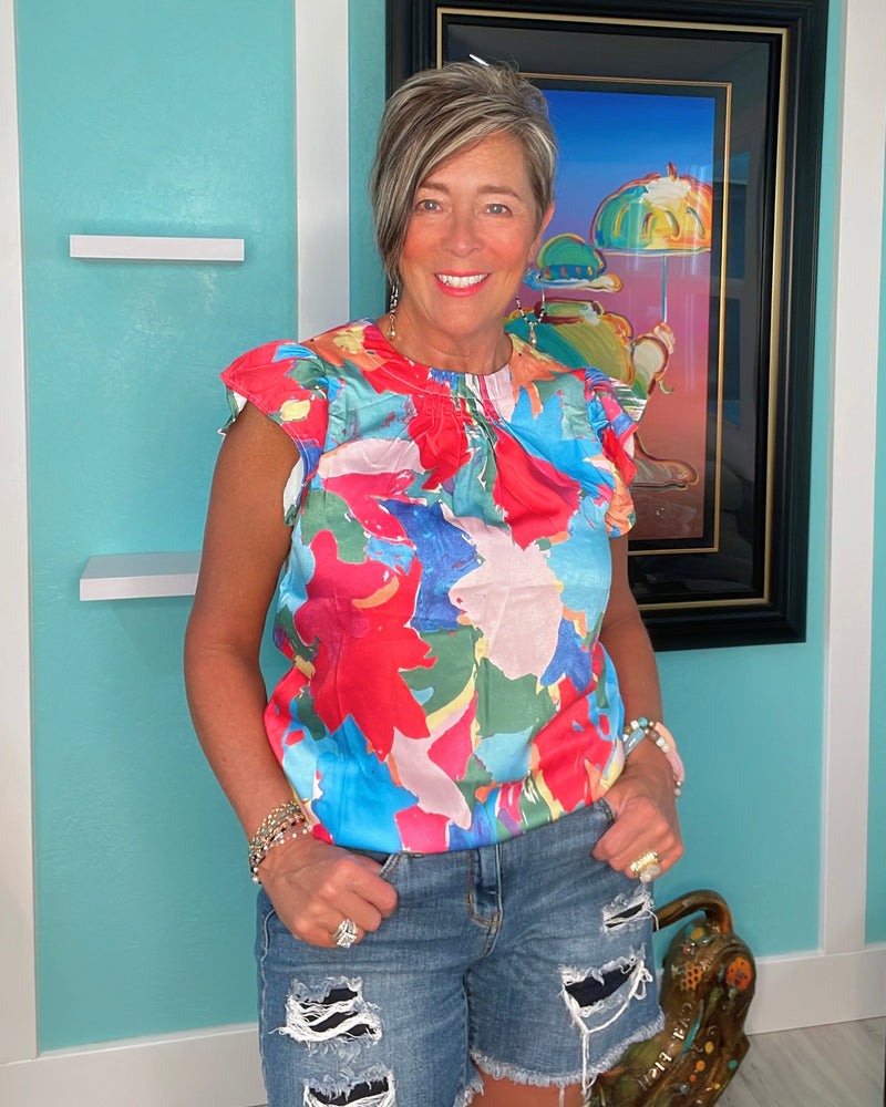 Blue & Red Multicolor Abstract Flutter Cap Sleeve Blouse