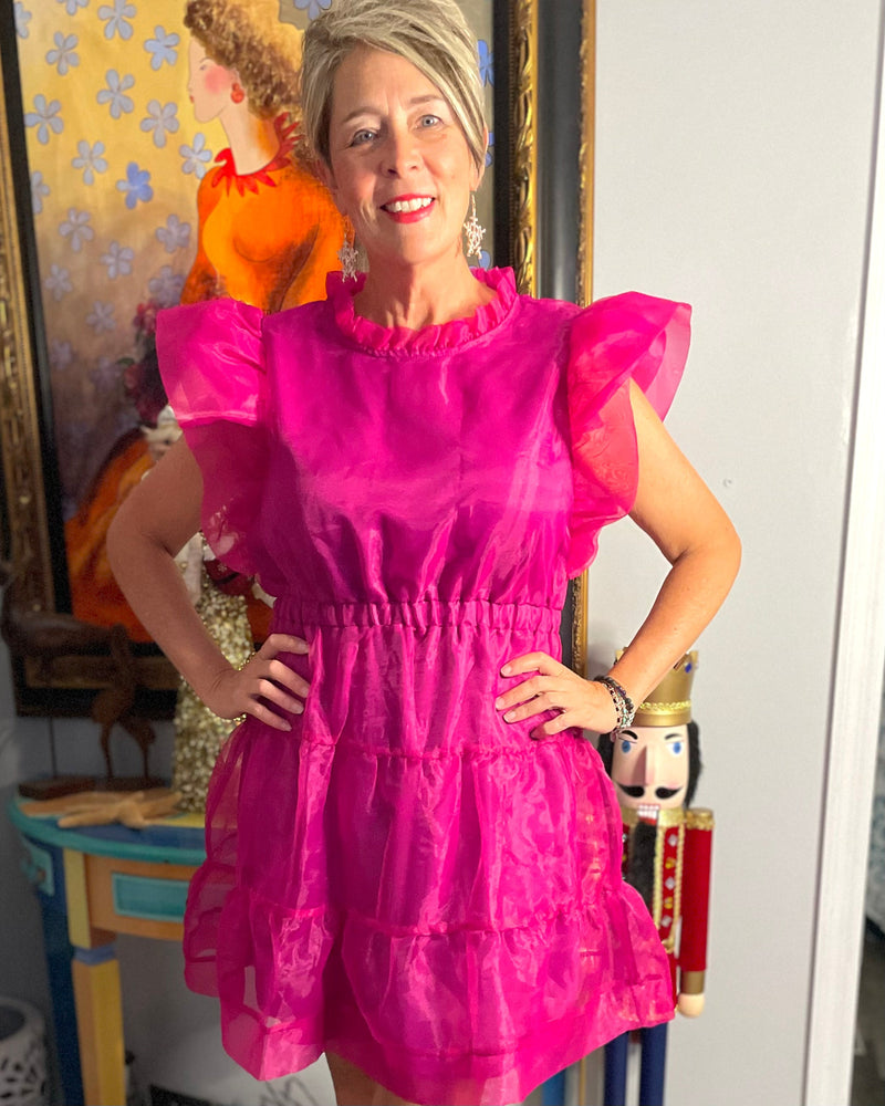 Pink Taffeta Chiffon Ruffle Cap Tiered Semi Formal Party Dress