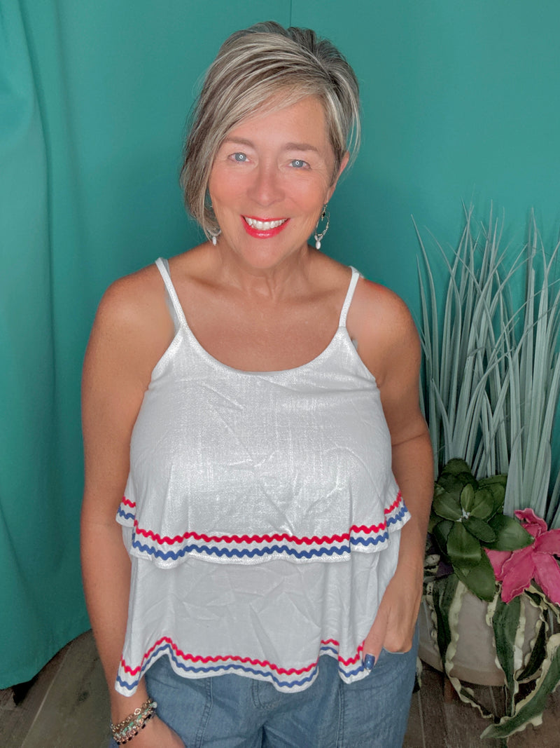 White w/Red & Blue Ricrac Double Layered Woven Linen Cami Adjustable Spaghetti Straps Tank Top