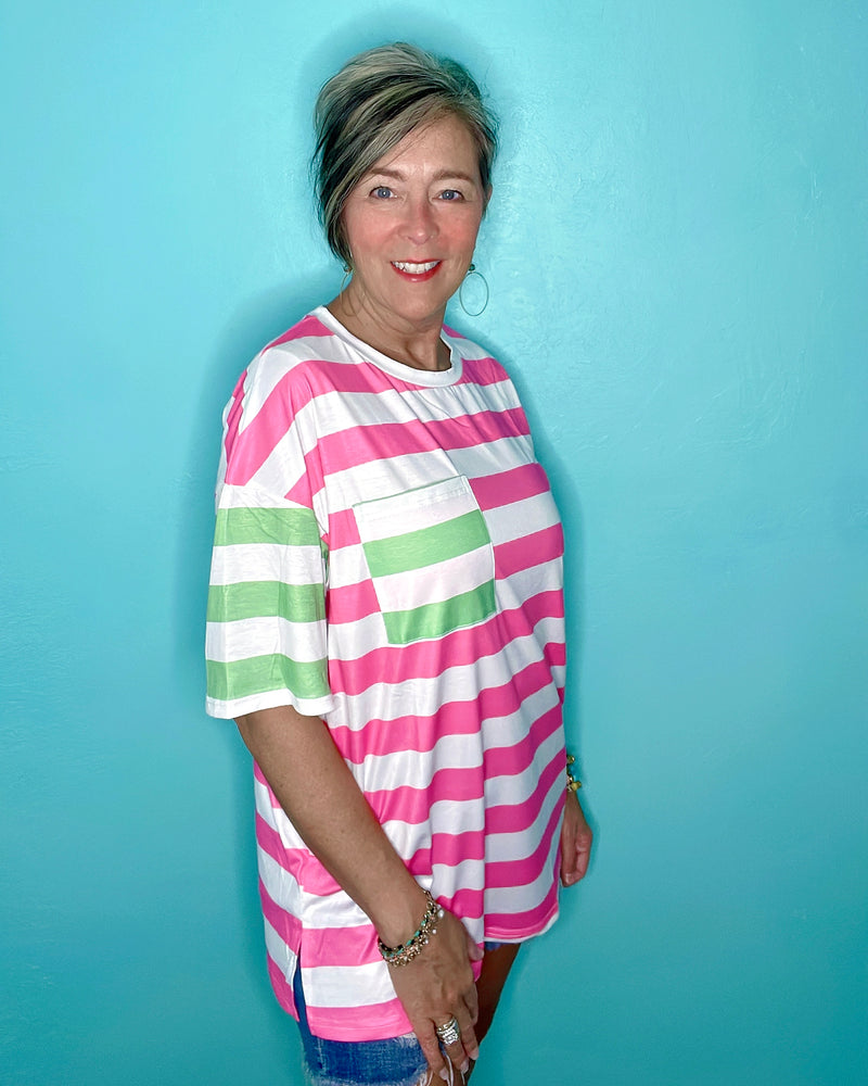 Playful Bold Pink & White Stripe T-shirt Top with Contrasting Green Chest Pocket