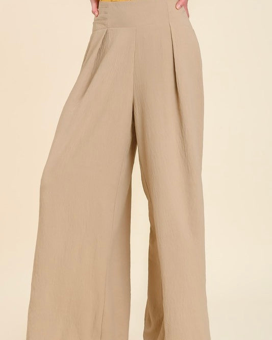 Khaki Tan Elastic Smock Waist Wide Leg Palazzo Pants