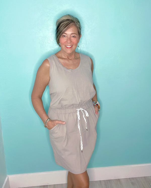 Gray Sleeveless Drawstring Waist Mini T-Shirt Dress