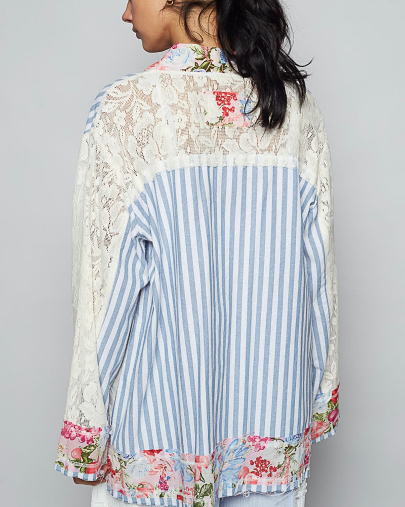 Blue & White Strip Floral and Lace Mix Long Sleeve Open Front Cardigan Top