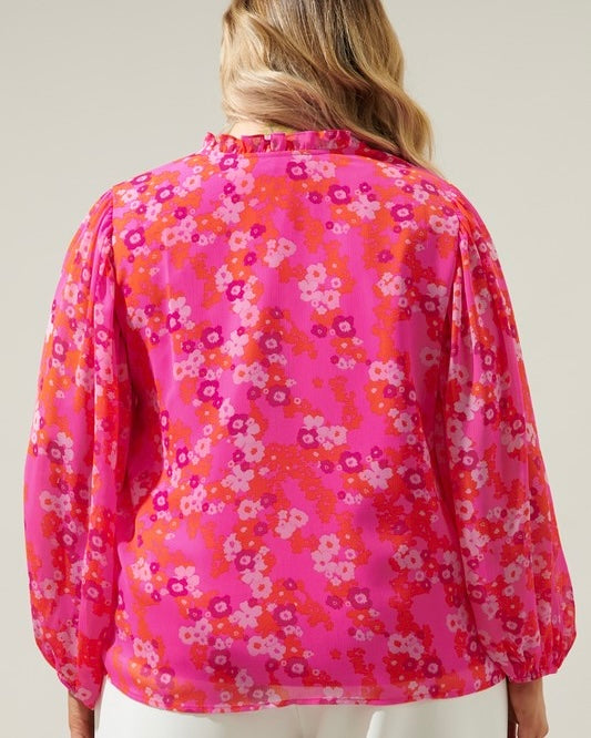 Plus Size Pink & Red Floral Ruffle Open Neck Long Balloon Sleeve Blouse Top