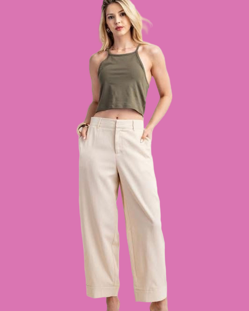 Cream Bone Ivory Wide Leg Zip Button Front Waist Blend Pants