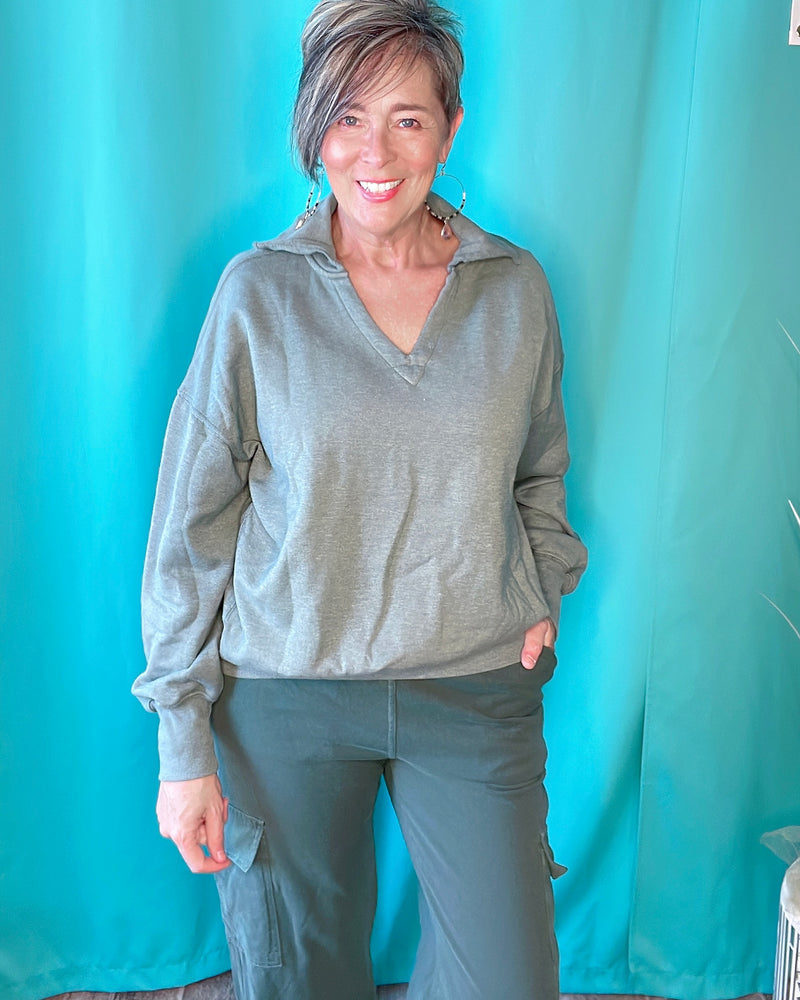 Green Pigment Dyed & Washed Oversized Collar Open VNeck Sweatshirt