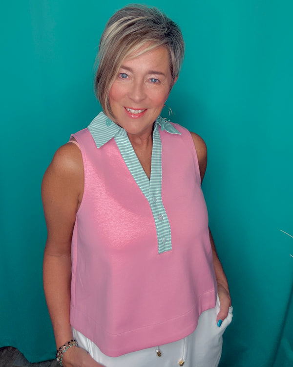Solid Pink w/Mint Stripe Open Neck Collar Sleeveless Top