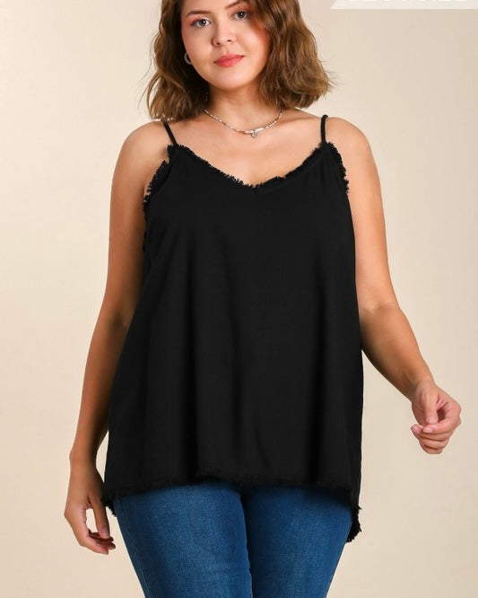 Linen Blend Green, Black, Coral, Blue, Pink Adjustable Strap Fray Edge Tank Top