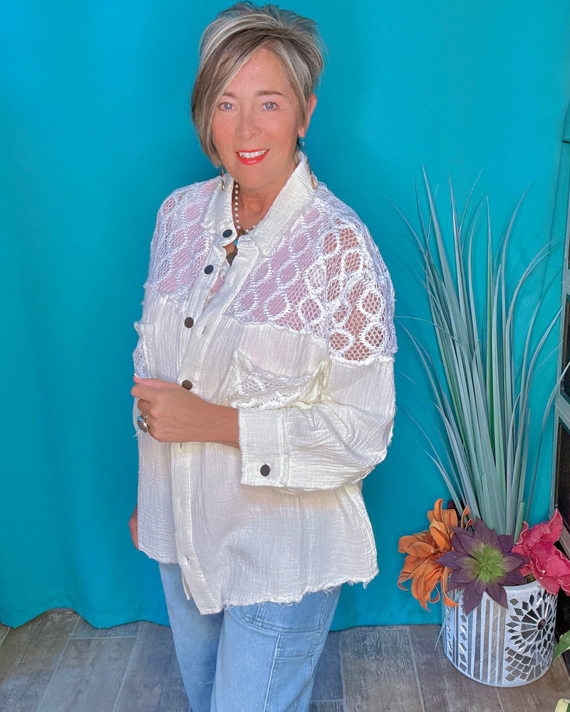 Neutral Cream Button Down Gauze Long Sleeve Lace Inset Chest Pocket Top