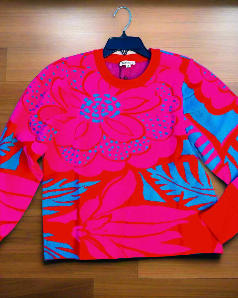 Pink, Red & Blue Abstract Flower Print Sweater Top