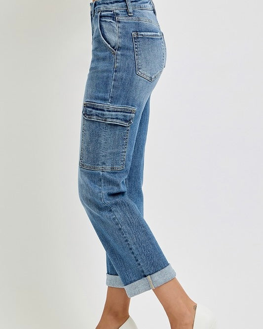 Risen RDP5659 High Rise Crop Straight Cargo Side Pocket Roll Up Denim Jeans