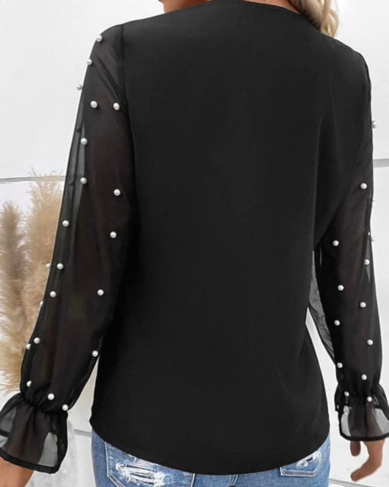 Solid Black Pearl Dot Sheer Ruffle Cuff Long Sleeve Blouse