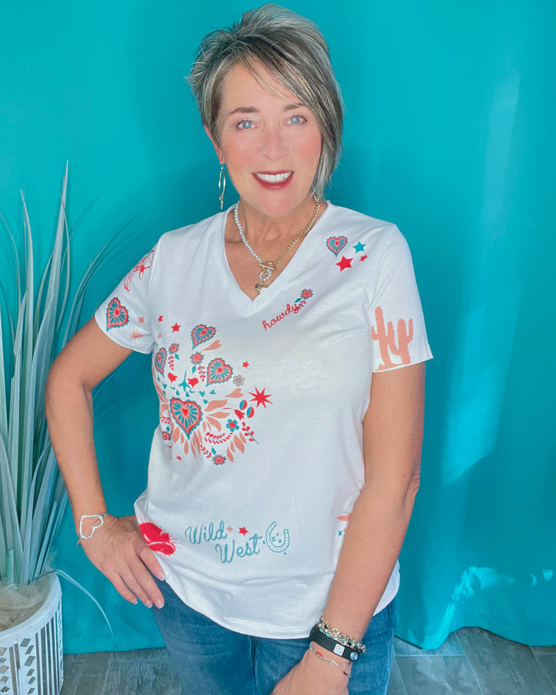 White Wild West T-Shirt Top with Western Cowgirl Flare Hearts