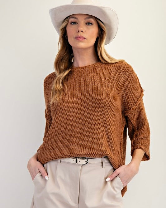 Brown Half 3/4 Sleeve Knitted Boxy Round Neck Sweater