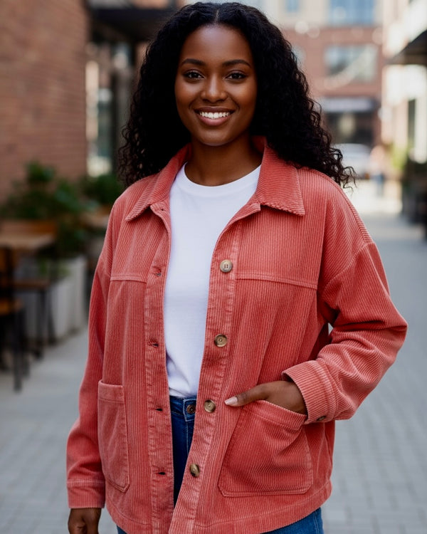 Terra Cotta Rust Spice Corduroy Button Front Pocket Shacket