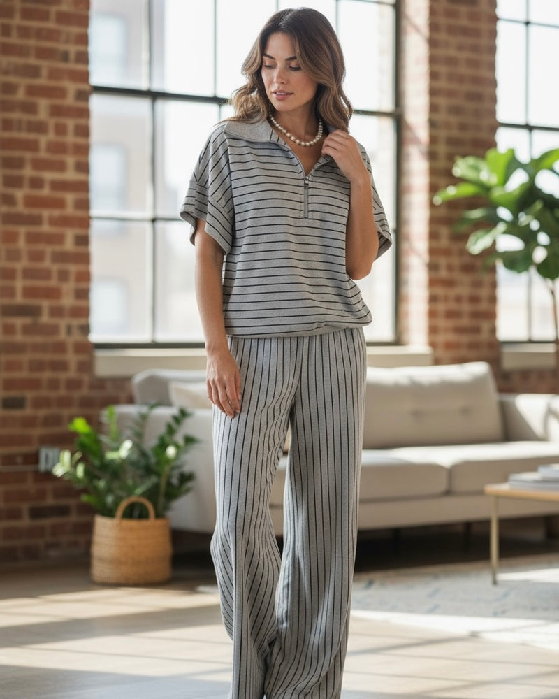 Brown, Gray or Black Stripe Pullover Zip Neck Short Sleeve Top