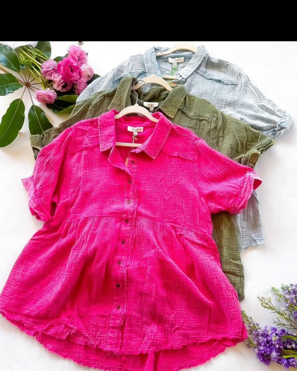 Curvy Girl Blue or Pink Button Down Babydoll Style Short Sleeve Top