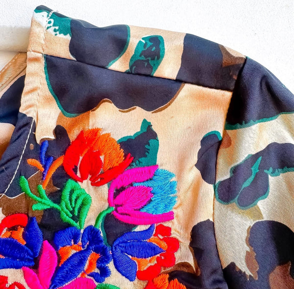 Brown & Black Satin Leopard Short Sleeve Embroidery Dress