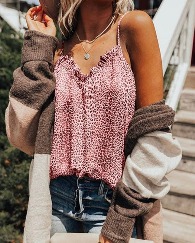 Pink & Brown Leopard Adjustable Spaghetti Shoulder Strap Tank Top