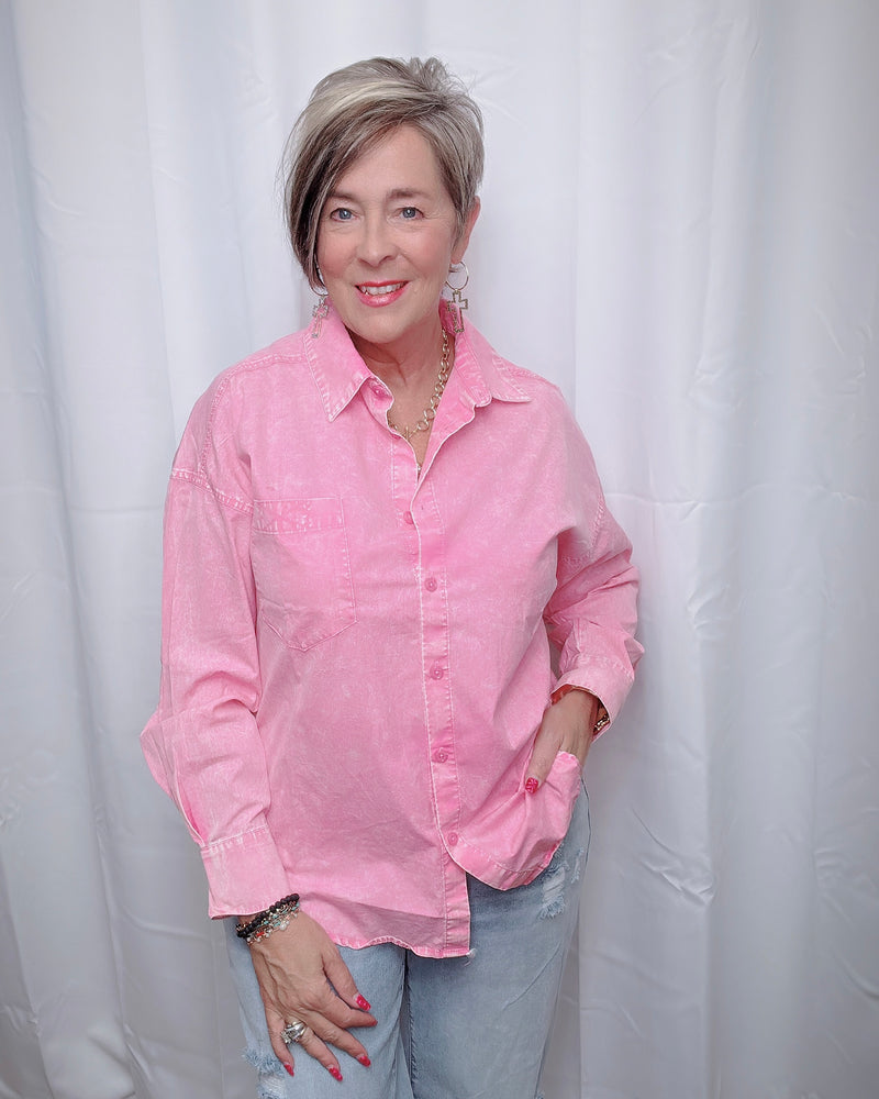 Pink or Blue Acid Wash Button Down Long Sleeve Collar Top