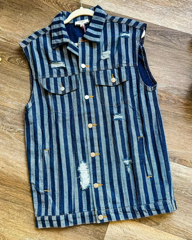 Blue Denim Vertical Stripe Distressed Button Front Sleeveless Tunic Vest Top