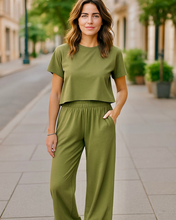 Olive Green 2 Pc Short Sleeve Top & Elastic Waist Lounge Pant