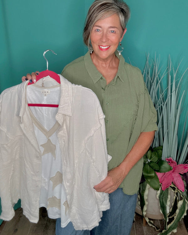 Green or Cream Button Front Loose Fit Dolman Cuff Sleeve Collared Cotton Gauze Top