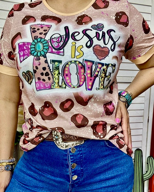 "Jesus is Love" Cross and Brown Mauve Leopard Short Sleeve T-Shirt