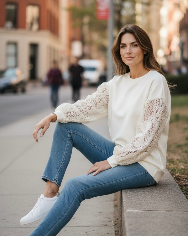 Ivory Off White Long Sleeve Lace flower Patch Pullover Sweatshirt Top