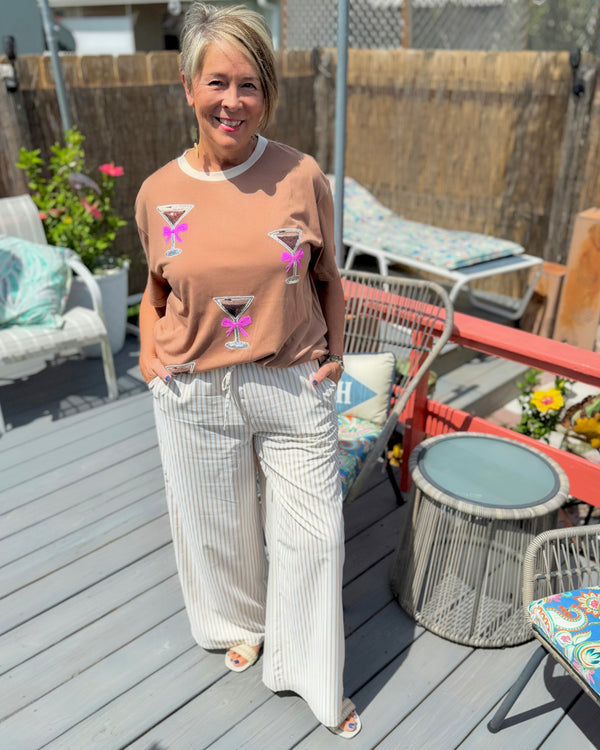 Brown & Pink Espresso Sequin Martini Glass Oversized Short Sleeve Tshirt Top