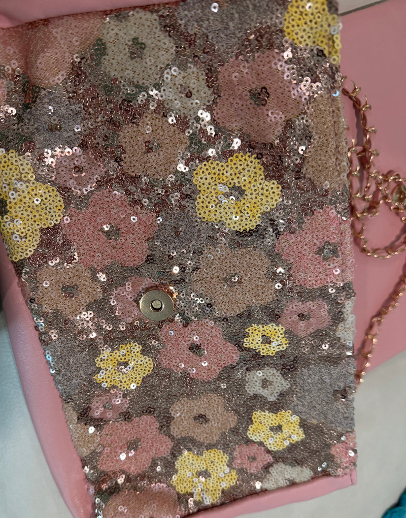 Beautiful Brown, Pink, Yellow & Blue Sequin Flower Clutch Bag Purse