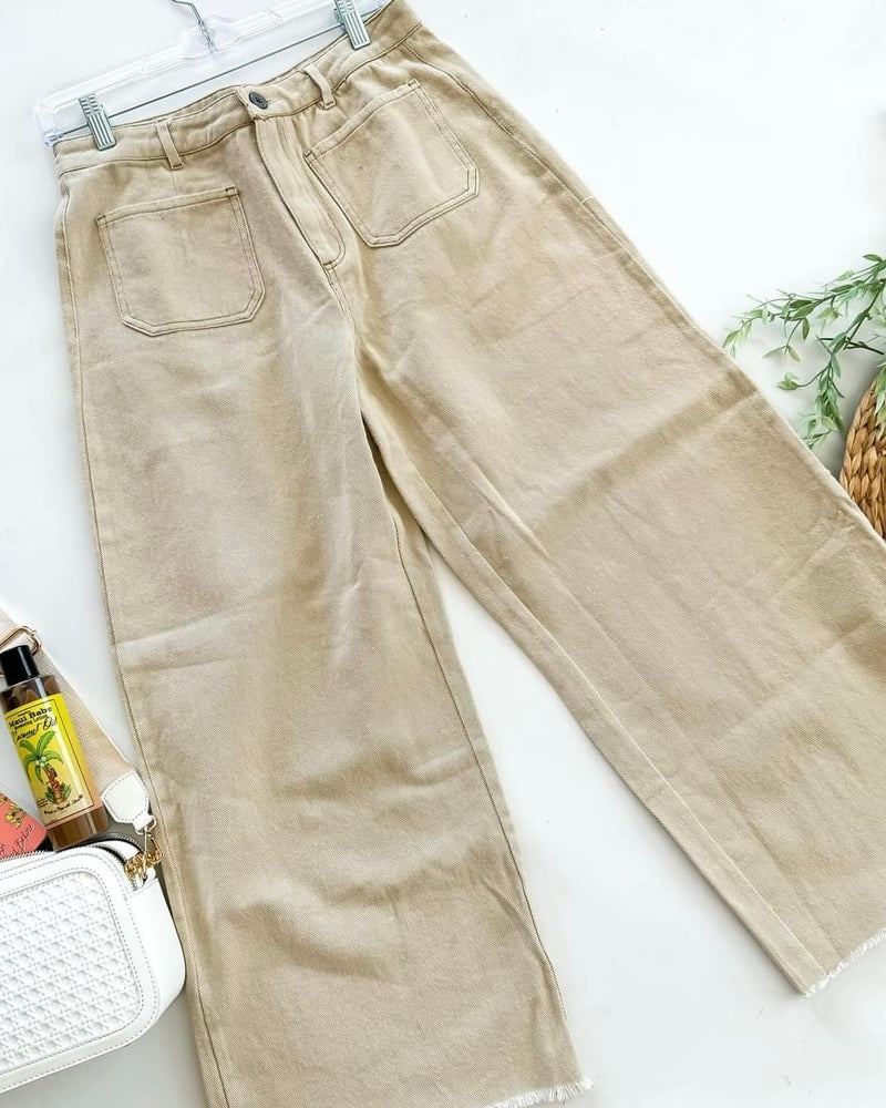 Khaki Stone Tan Neutral Denim Frayed Hem Front Pocket Jean Pant