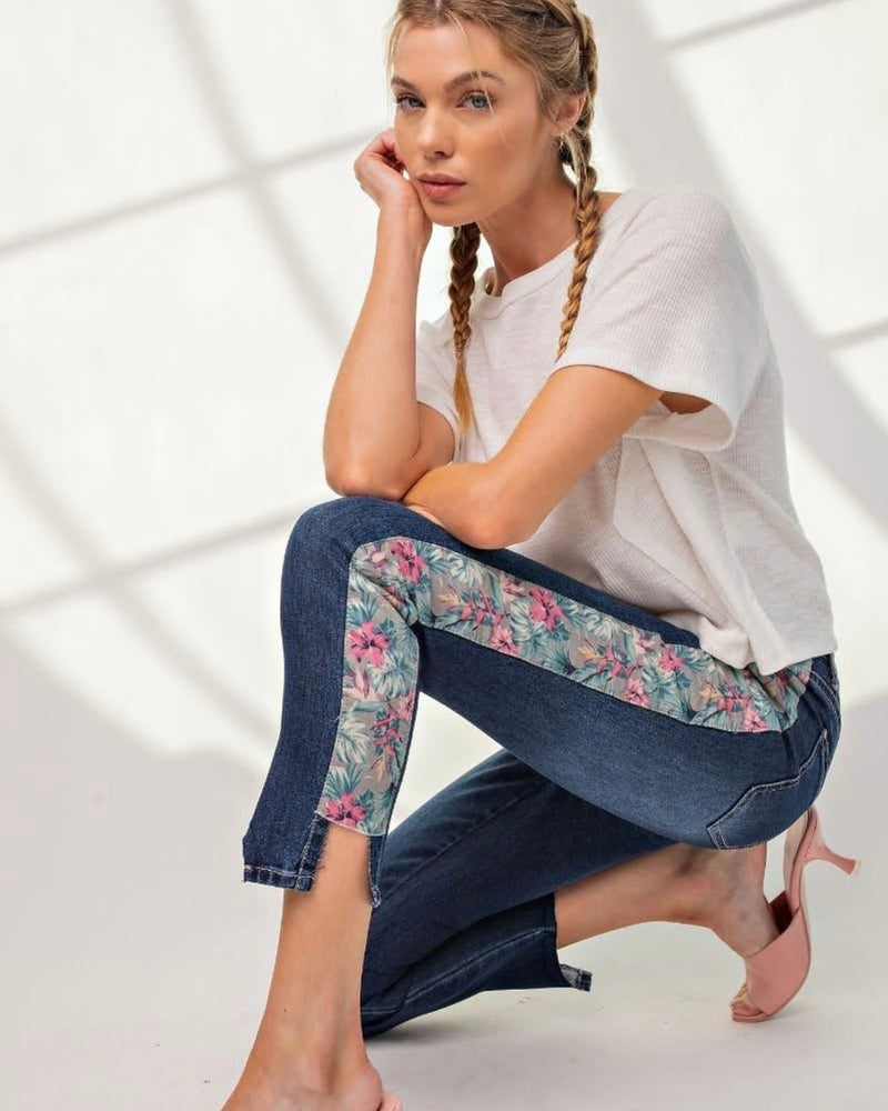 Dark Wash Stretched Denim High Rise Skinny Contrasting Floral Inset Jeans