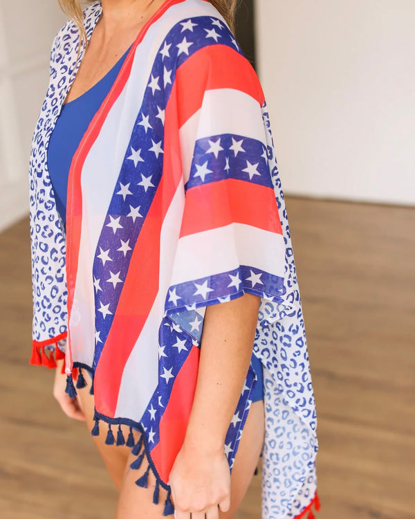 USA Red, White & Blue Patriotic RWB Semi Sheer Cover Up Kimono